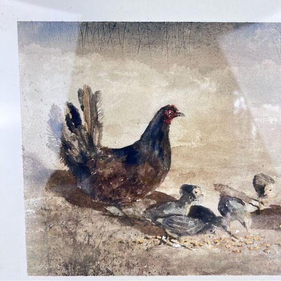 DENNIS T. YATES WATERCOLOR ON PAPER CHICKEN WITH CHICKS PAINTING - Picture 4 of 10